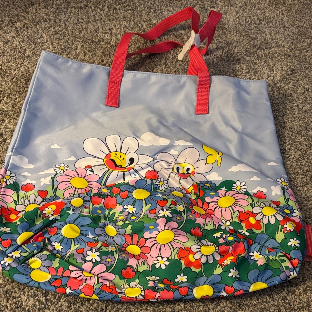 Floral Print Tote Bag with Red Handles